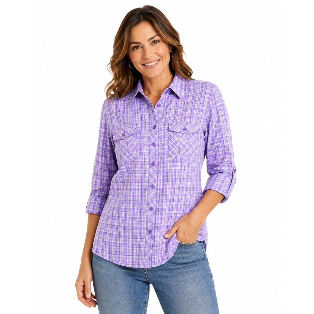 Duluth trading Purple Plaid Long Sleeve Shirt Womens XL Outdoor Casual Pockets